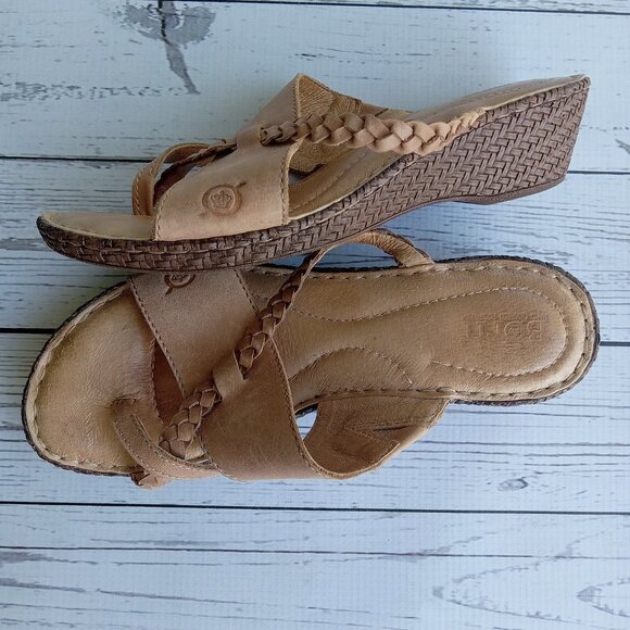 BORN Wedge Toe Loop Sandals Brown Braided Leather Womans 6 - Picture 3 of 10